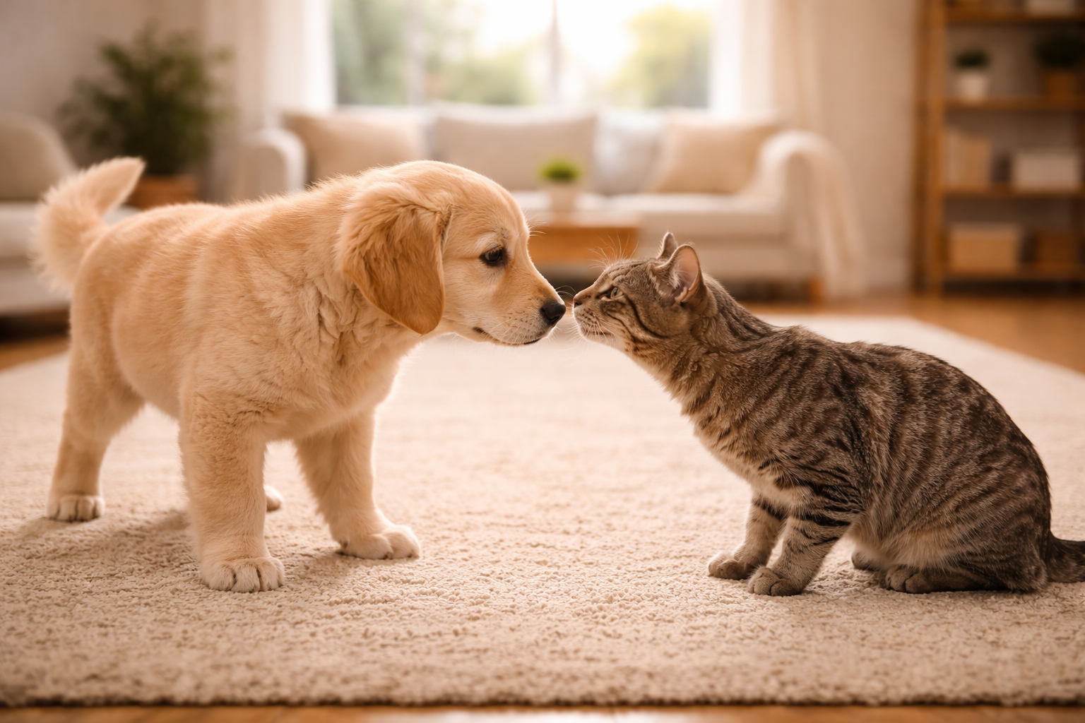 Puppy and cat meeting nose to nose for the first time indoors
