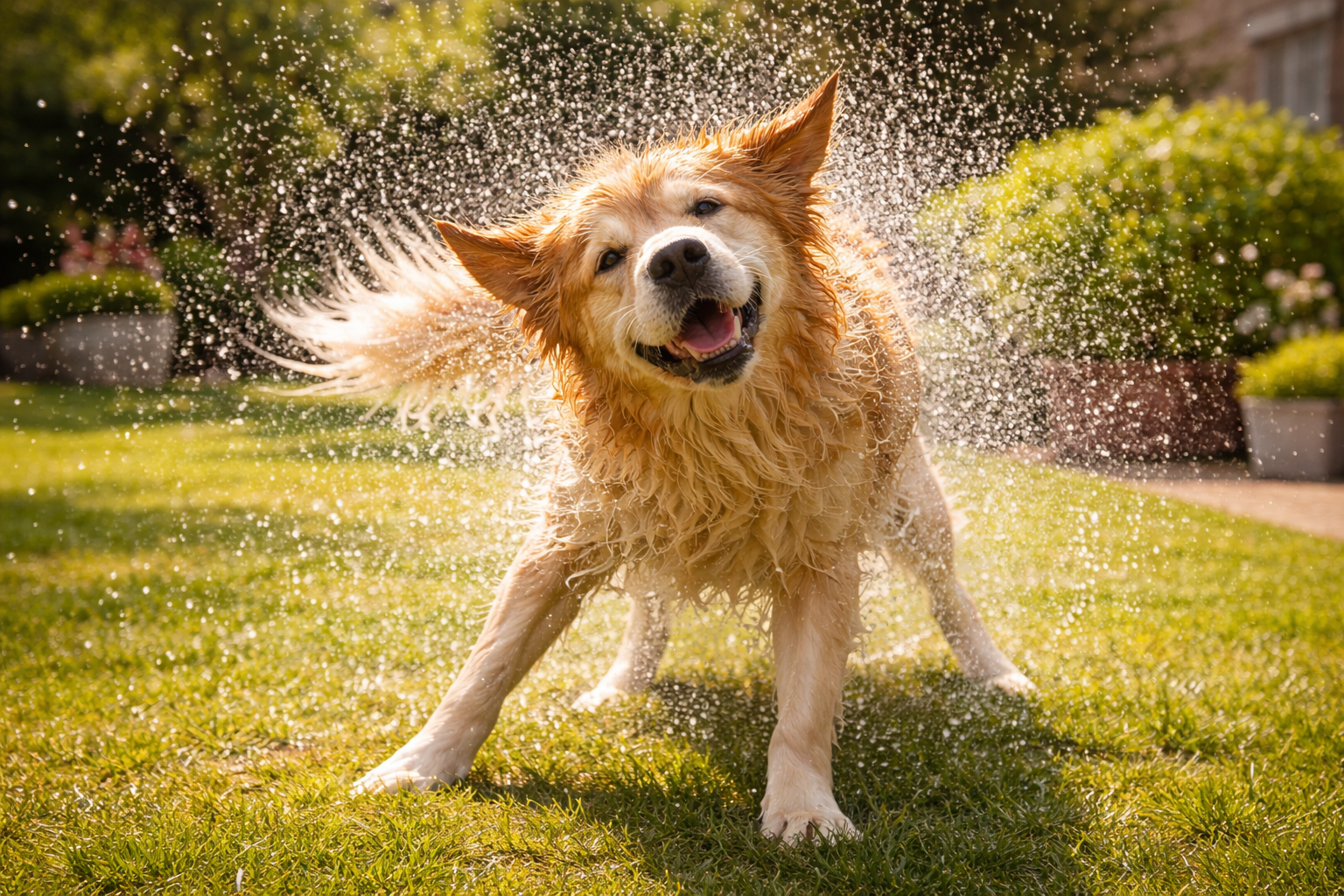 Golden retriever shaking water off after a bath