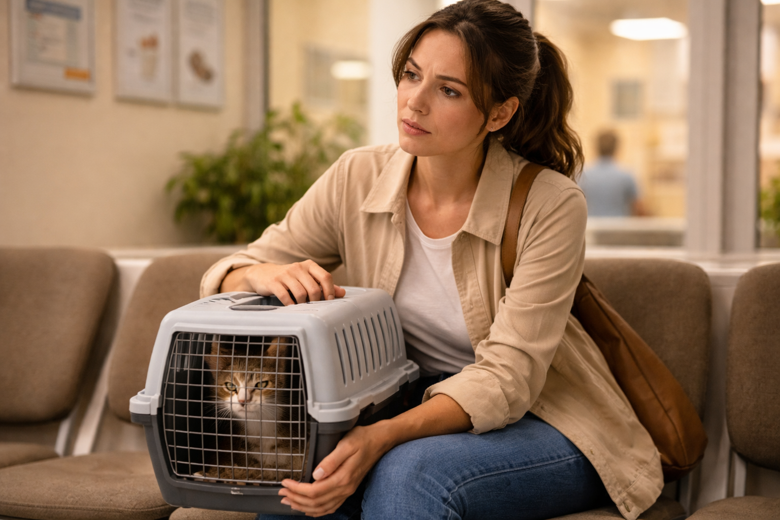 Pet owner at the vet waiting room with a cat carrier